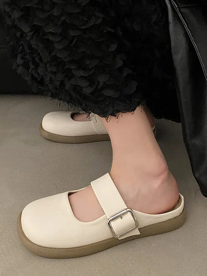 Belt Buckle Round-toe Shallow Cut Split-joint Platform Shoes Slippers&mules