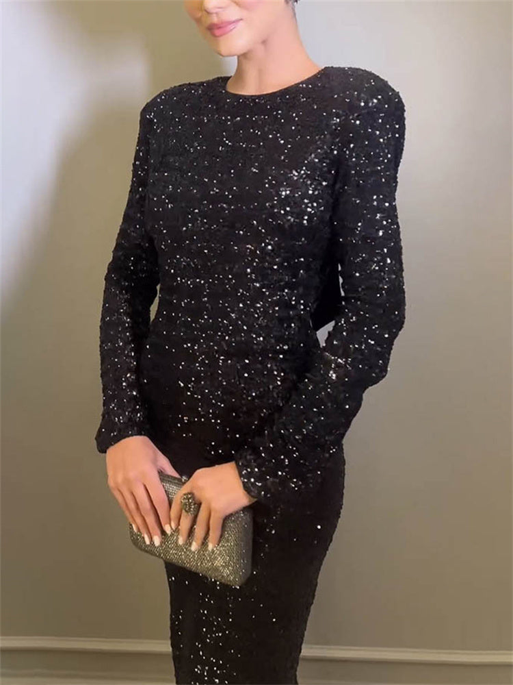 Tossy Tee Bow Sequin Slim Maxi Dress for Backless Split Glitter Club Party Dress Long Sleeve Dress