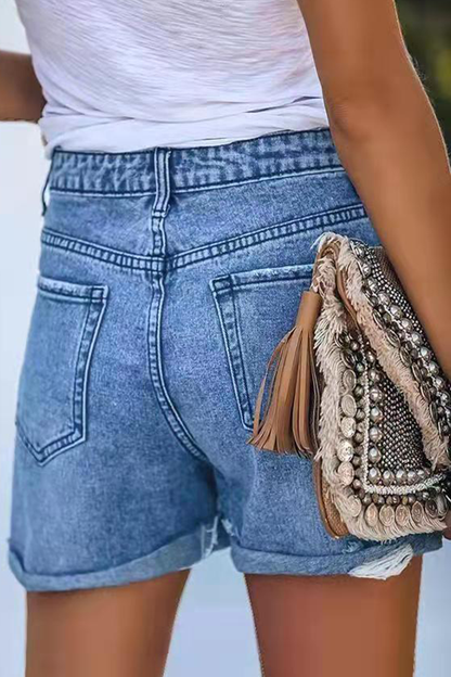 Street Ripped Make Old Mid Waist Straight Denim Shorts(3 Colors)