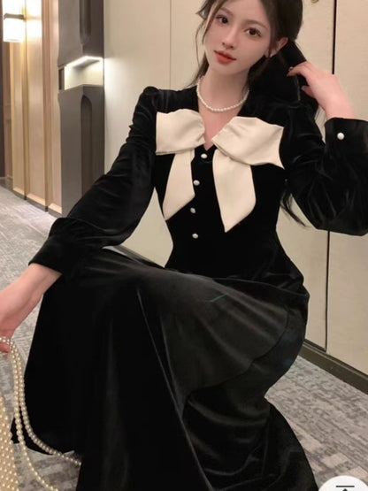 ’s Velvet Midi Dress Autumn Spring Bow Design V-neck Long Sleeve A-line French Evening Party Prom Robe Vestidos New