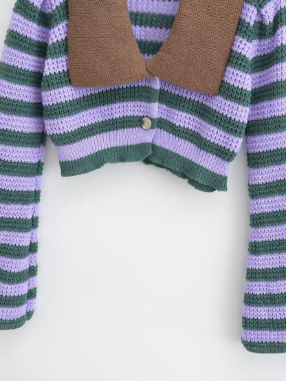 Stripe Contrast Color Lapels Knitted Cardigan – ’s Loose Short Top