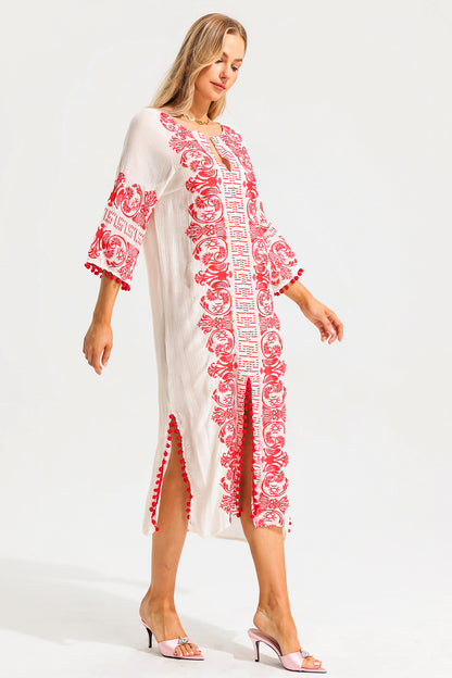 V-neck Embroidered Slip Midi Dress