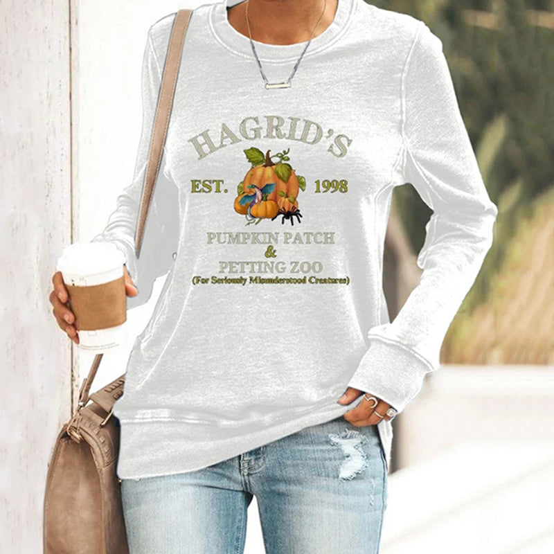 Women's Halloween Hagrid's Pumpkin Patch Print Long Sleeve Sweatshirt artswardrobe
