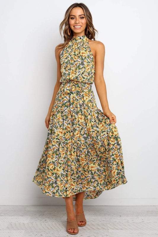 Halter Neck Large Hemline Maxi Dress Yellow