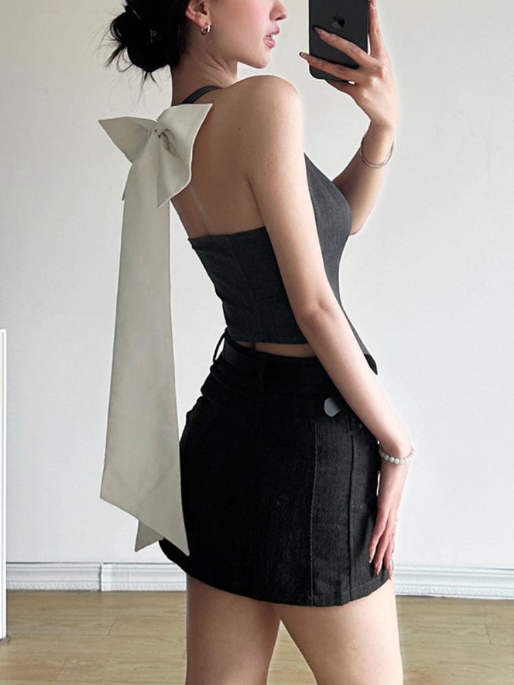 Taruxy Deep V Neck Crop Tops for Button Sleeveless Temperament Slim Vest Woman Backless Bow Tank Top Femme