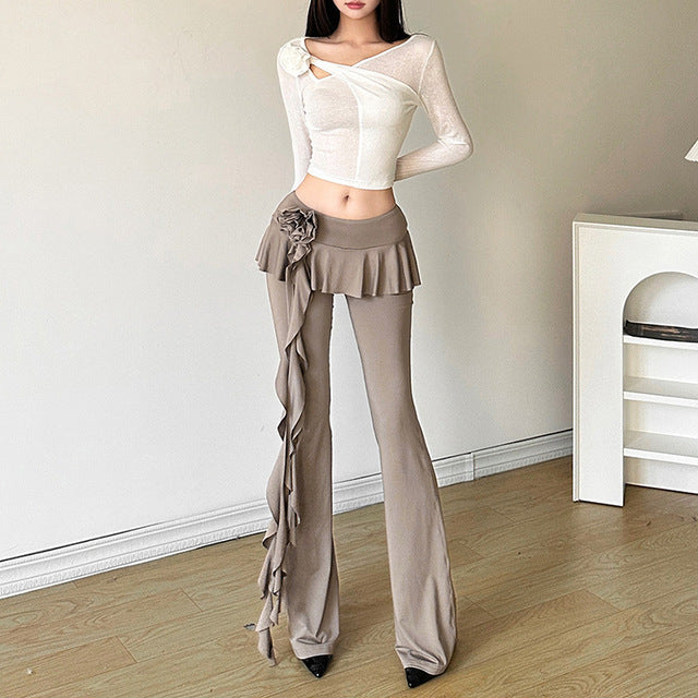 Taruxy Flower Ribbons Straight Pants for Color High Strecth Folds Patchwork Female Summer Trousers