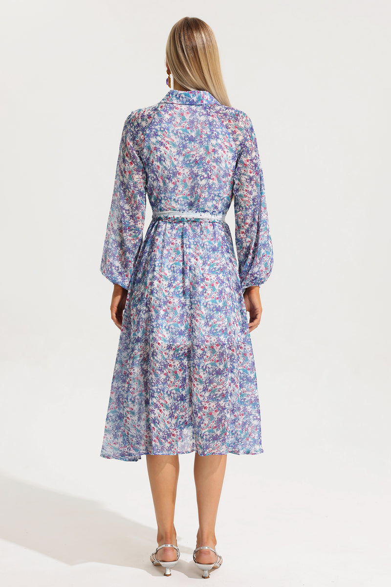 Lantern Sleeve Lapel Midi Dress
