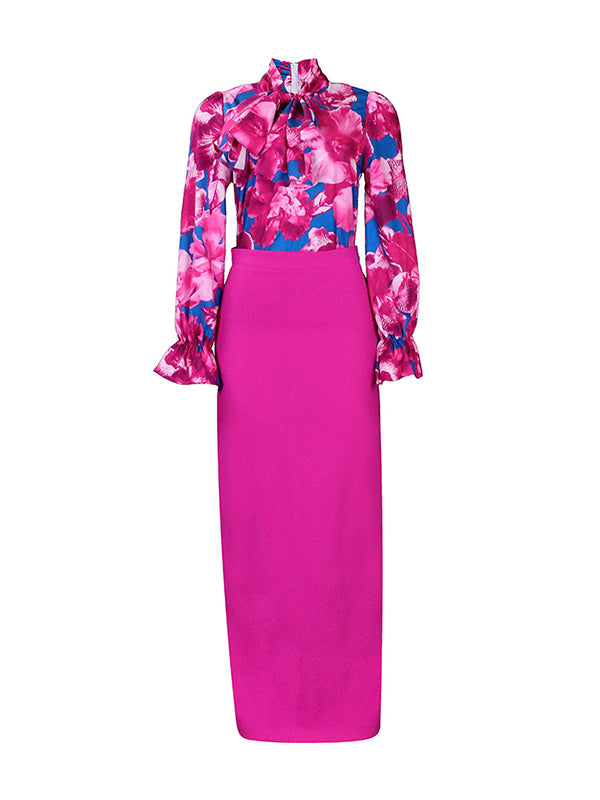 Long Sleeves Printed Blouse + Split-back Color Skirt Two Pieces Set
