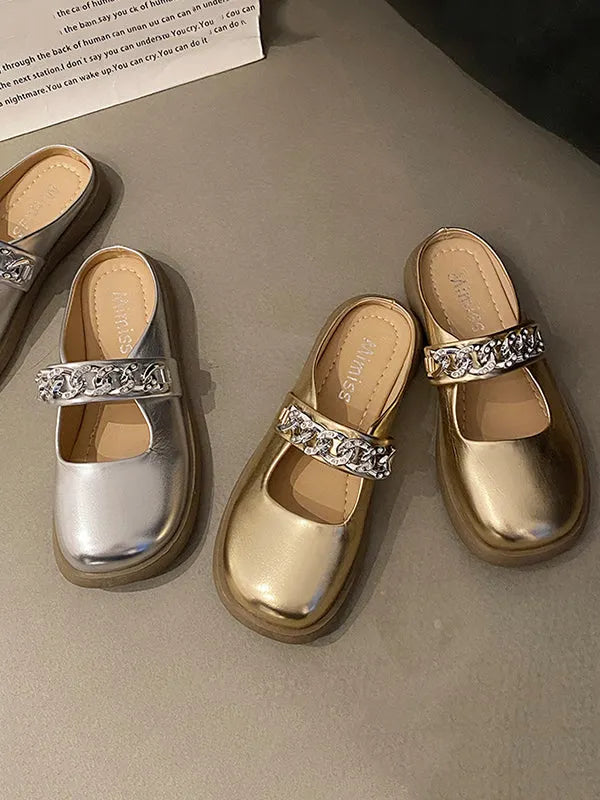 Chains Round-toe Shallow Cut Split-joint Mary Janes Slippers