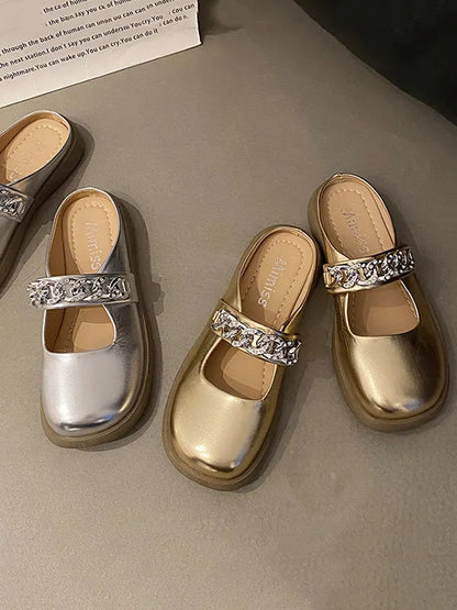 Chains Round-toe Shallow Cut Split-joint Mary Janes Slippers