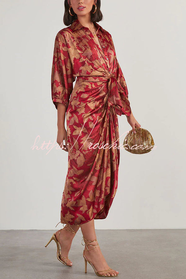 And Charming Satin Adjustable Waist Tie Button Draped Shirt Midi Dress