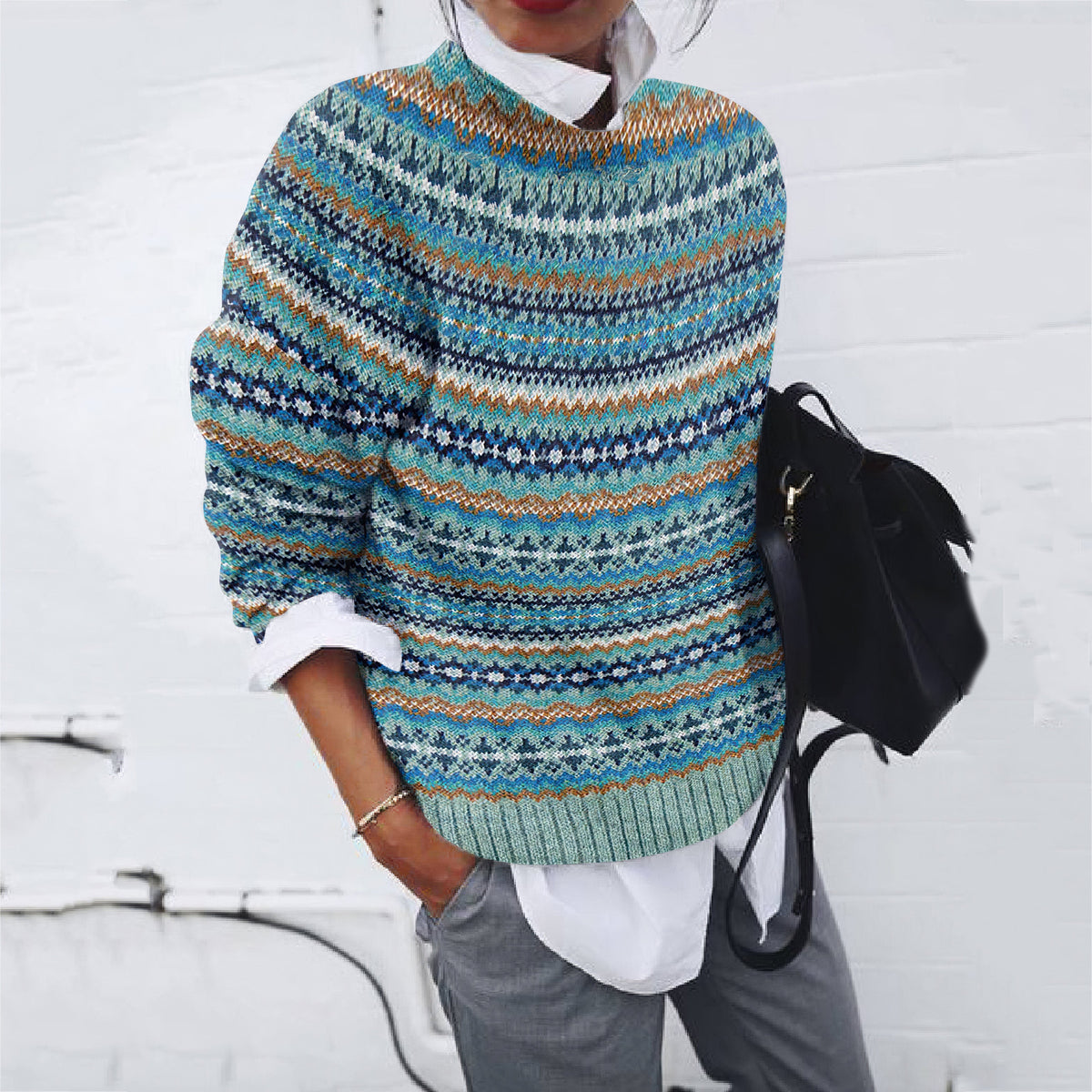 Vintage Geometric Jacquard Pattern Crew Neck Sweater elevenforest