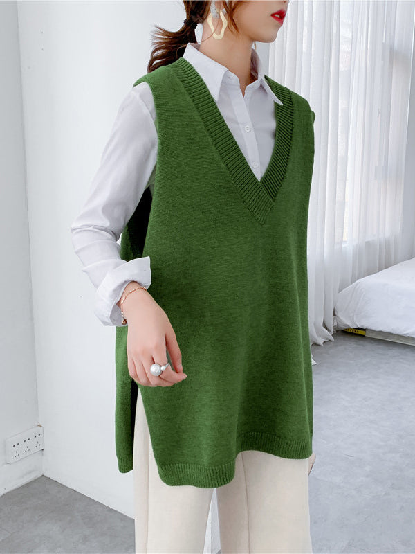 Sleeveless Split-side Color V-neck Knitted Vest