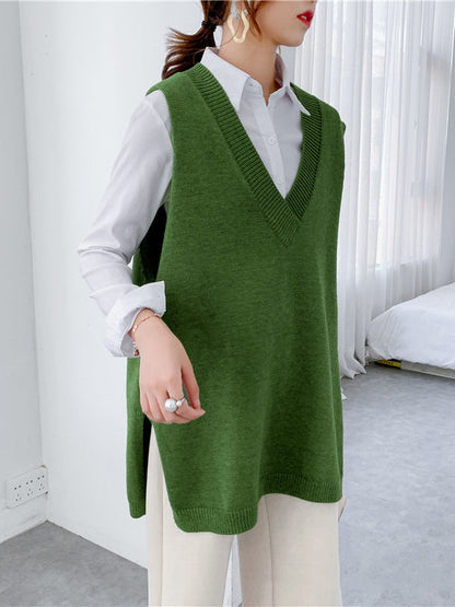 Sleeveless Split-side Color V-neck Knitted Vest