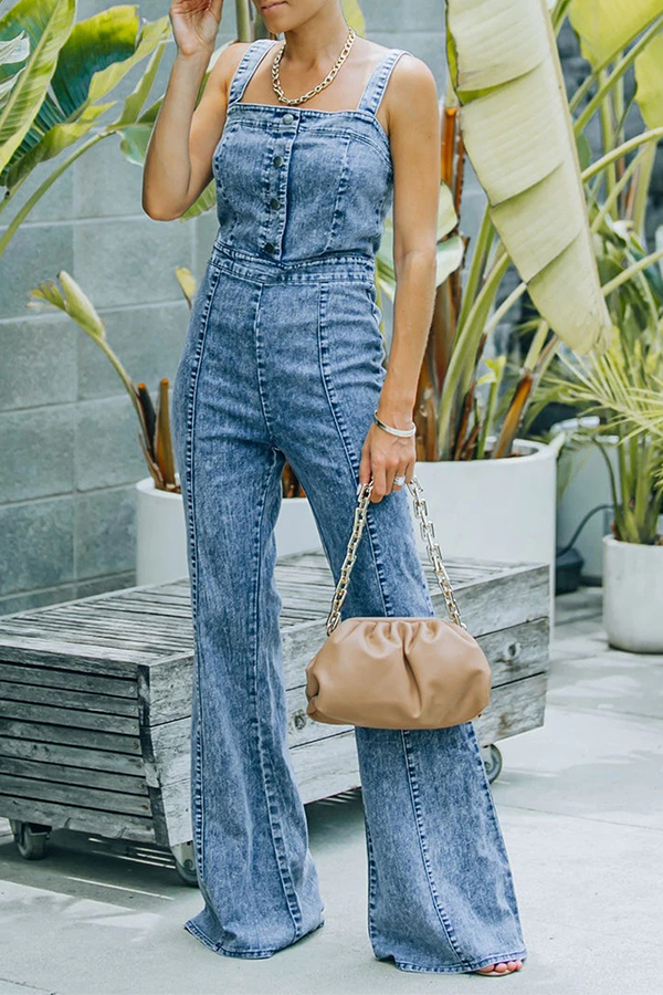 Street Split Joint Buckle Square Collar Boot Cut Jumpsuits