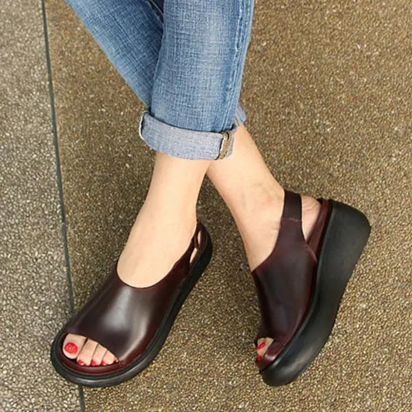 Summer Cow Leather Shoes Coffee Wedge Heel Sandals
