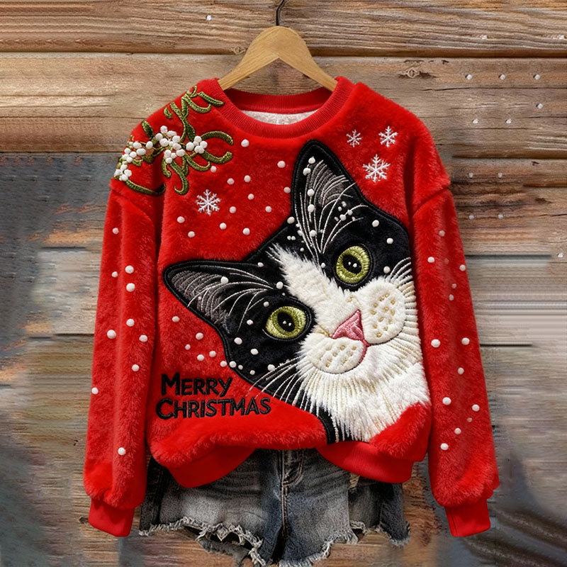 Women's Christmas Cat Embroidery Art Comfort Plush Sweatshirt