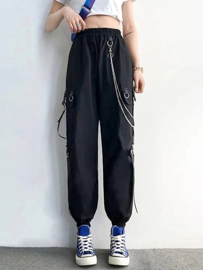 Cargo Pants Harem Pants Punk Pockets Jogger Trousers With Chain Harajuku Elastics High Waist