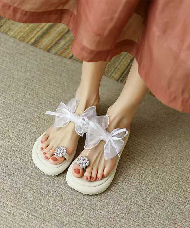 Beige Platform Slide Sandals Boutique Splicing Bow Zircon Aa017