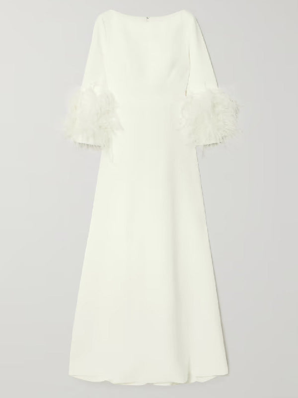 Simple Black and White Feather Long Sleeve Party Dress