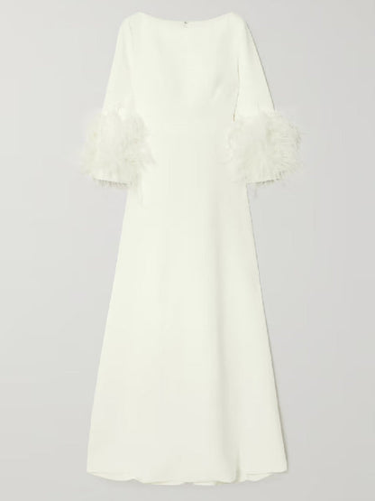 Simple Black and White Feather Long Sleeve Party Dress