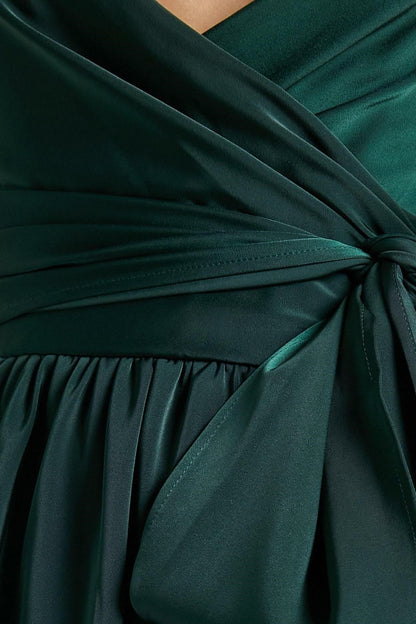 Cami V-neck Wrapover Pleated Lace Up Slit Maxi Dress Green
