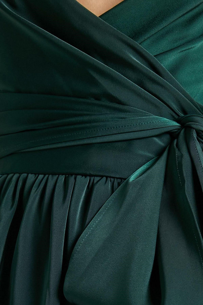Cami V-neck Wrapover Pleated Lace Up Slit Maxi Dress Green