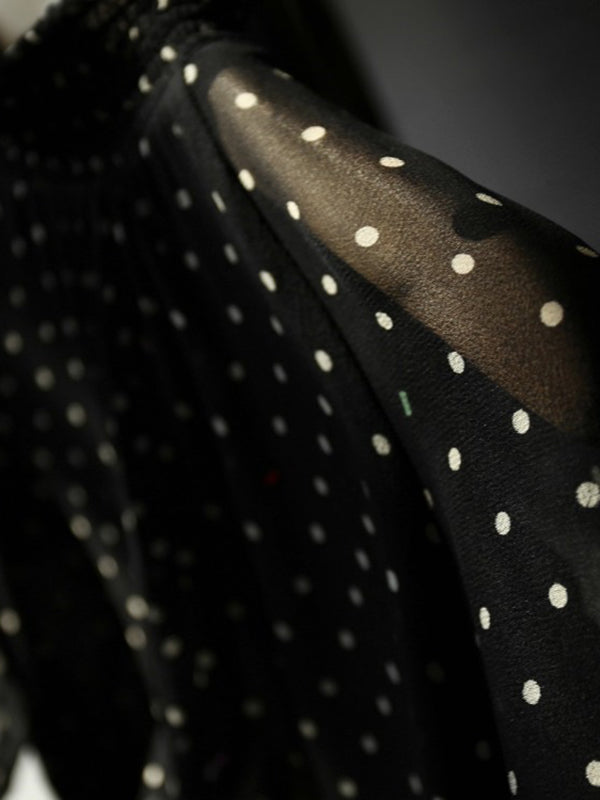 Flared Sleeves Long Sleeves Elasticity Mesh Polka-dot See-through Mock Neck Blouses&shirts Tops