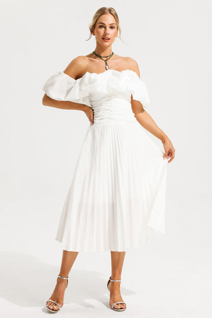 Off-shoulder Puff Sleeve Pleated Midi Dress White