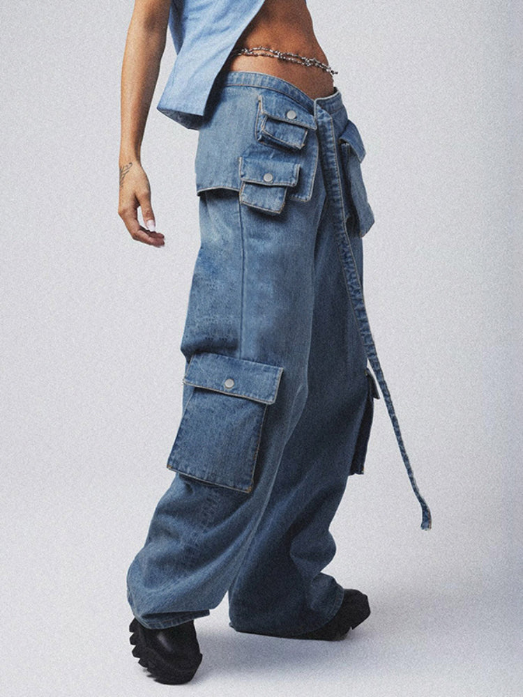 Taruxy Bandage High Waisted Baggy Jeans Blue Pockets Lace Up Cargo Pants Woman Street Oversized Denim Pant Femme