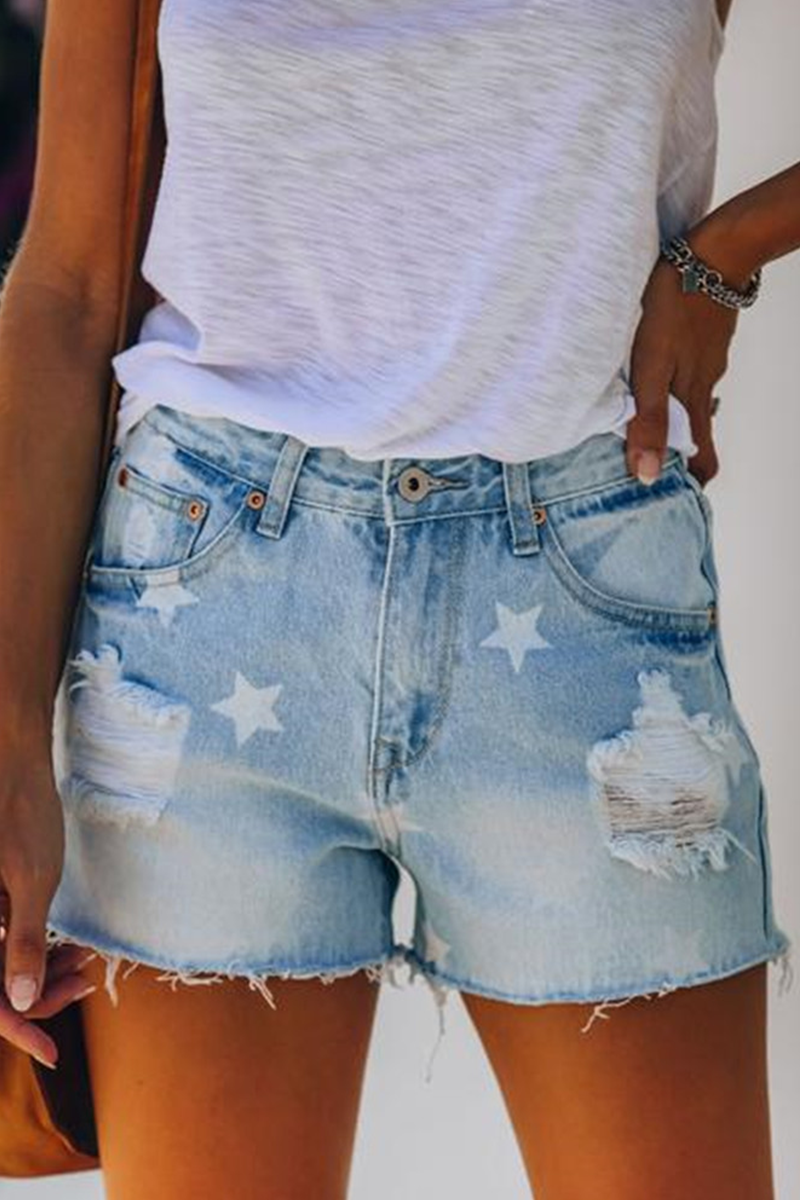 Print the Stars Tassel Ripped Make Old Denim Shorts