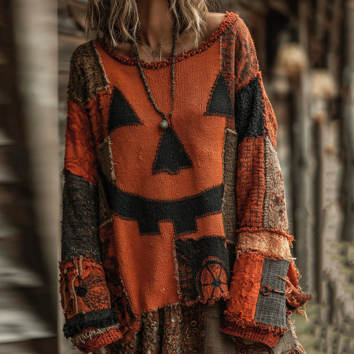 Halloween Pumpkin Face Art Cozy Knit Sweater artswardrobe