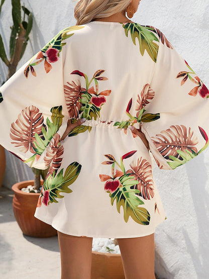 A-line Half Sleeves Buttoned Drawstring Leaves Print V-neck Mini Dresses