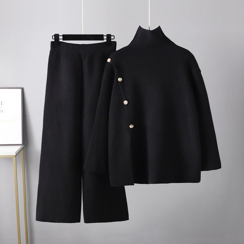 Stand Collar Slit Knitted Turtleneck Sweater Winter Warm Anti-aging Wide Leg Pants Set