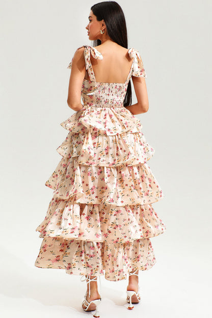 Lace Up Tiered Ruffle Hem Cami Maxi Dress