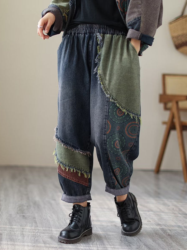 Contrast Color Fringed Split-joint Long Sleeves Printed Outwear + Harem Pants Two Pieces Set