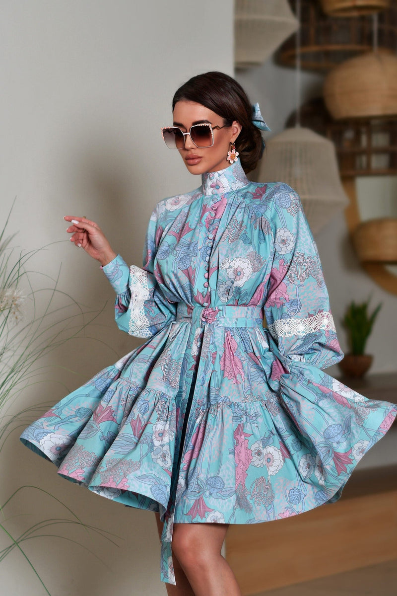Puff Sleeve High Collar Tapered Waist Mini Dress