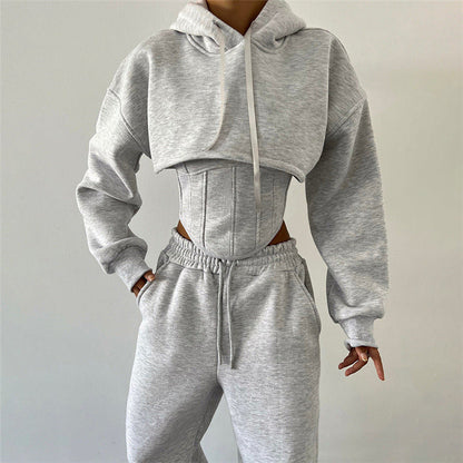 Autumn Winter Hooded Sweater Blouse Camisole Waist Pants Three Piece Set for