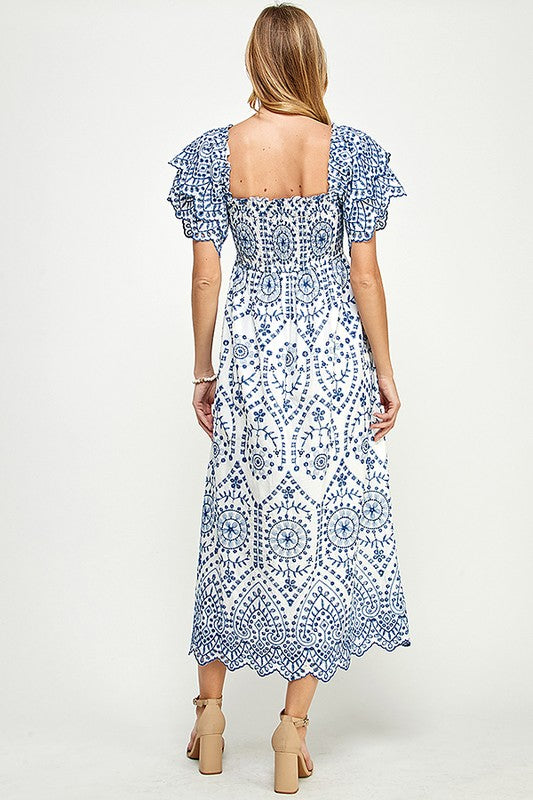 Paisley Print Lace Smocking Midi Dress