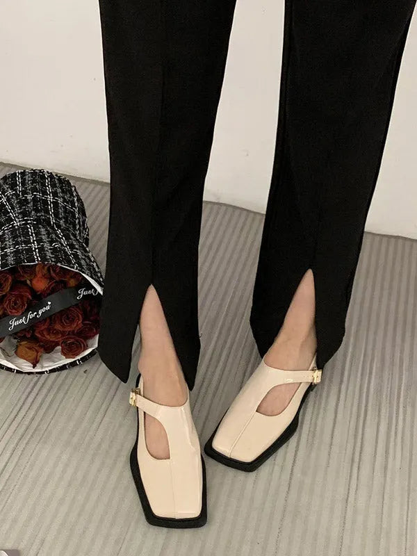 Buckle Hollow Split-joint Square-toe Flat Shoes Loafers