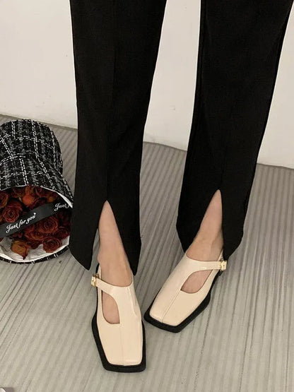 Buckle Hollow Split-joint Square-toe Flat Shoes Loafers