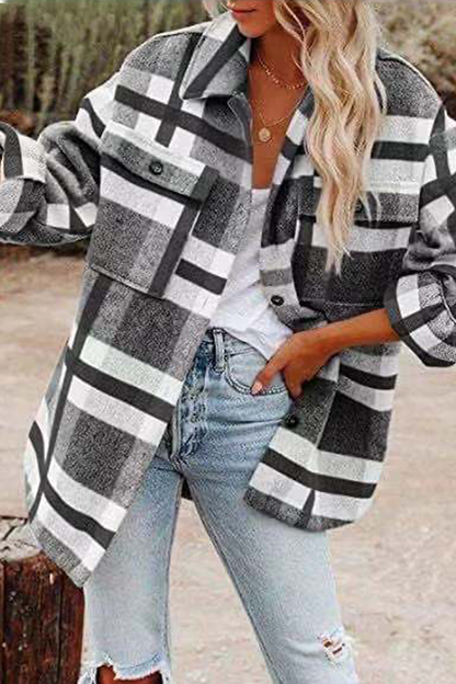 Plaid Pocket Buckle Turndown Collar Outerwear(8 Colors)