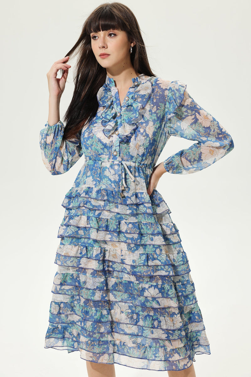 Printed Long Sleeve Layered Ruffle Hem Lace Up Midi Dress