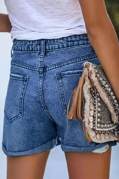 Street Ripped Make Old Mid Waist Straight Denim Shorts(3 Colors)