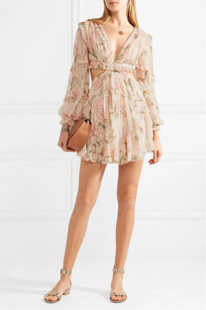 Long Sleeve V-neck Cut-out Mini Dress