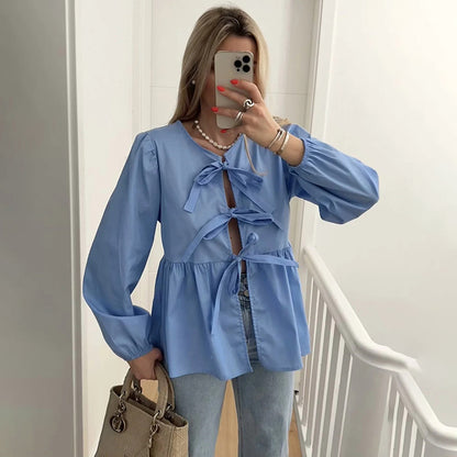 Taruxy Bow Bandage Hollow Shirt for Color Patchwork Long Sleeve Loose Summer Female Club Y2k Top