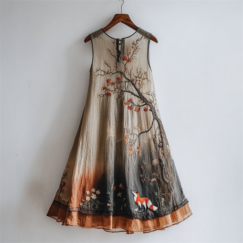 Classy Fox Floral Tree Embroidered Gradient Flowy Linen Dress artswardrobe
