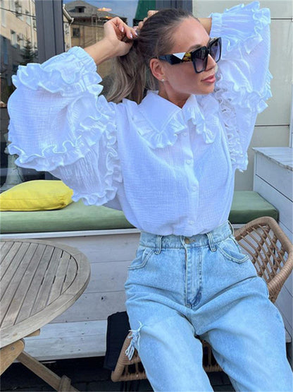 Tossy White Ruffled Shirts for Patchwork Cardigan Lapel Long Sleeve Outwear Slim Shirts New