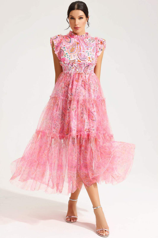 Flutter Sleeve Crew Collar Tapered Waist Midi Dress Pink