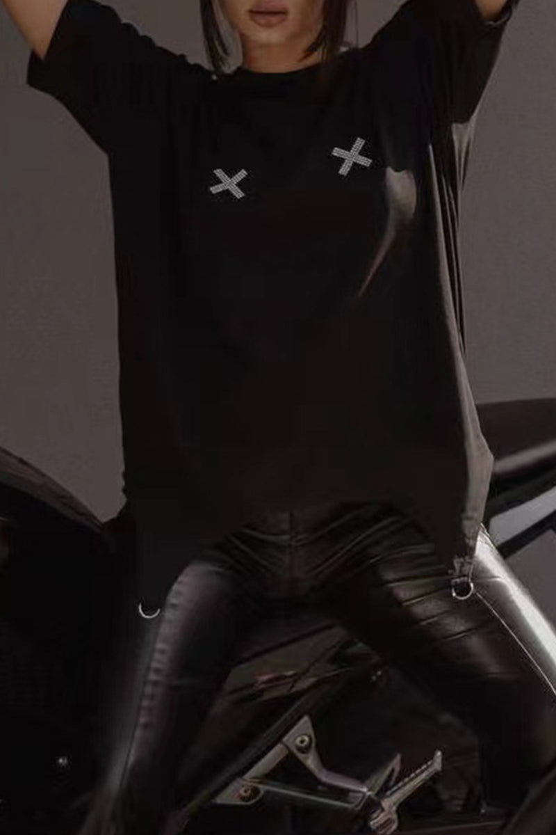 Letter Heart Shaped Asymmetrical Hot Drill O Neck T-shirts